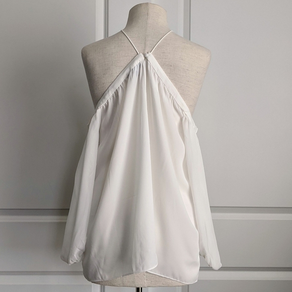 1. State Blouse High Neck Chiffon Sheer Blouson Sleeves Off Shoulder White M NWT - Picture 8 of 14